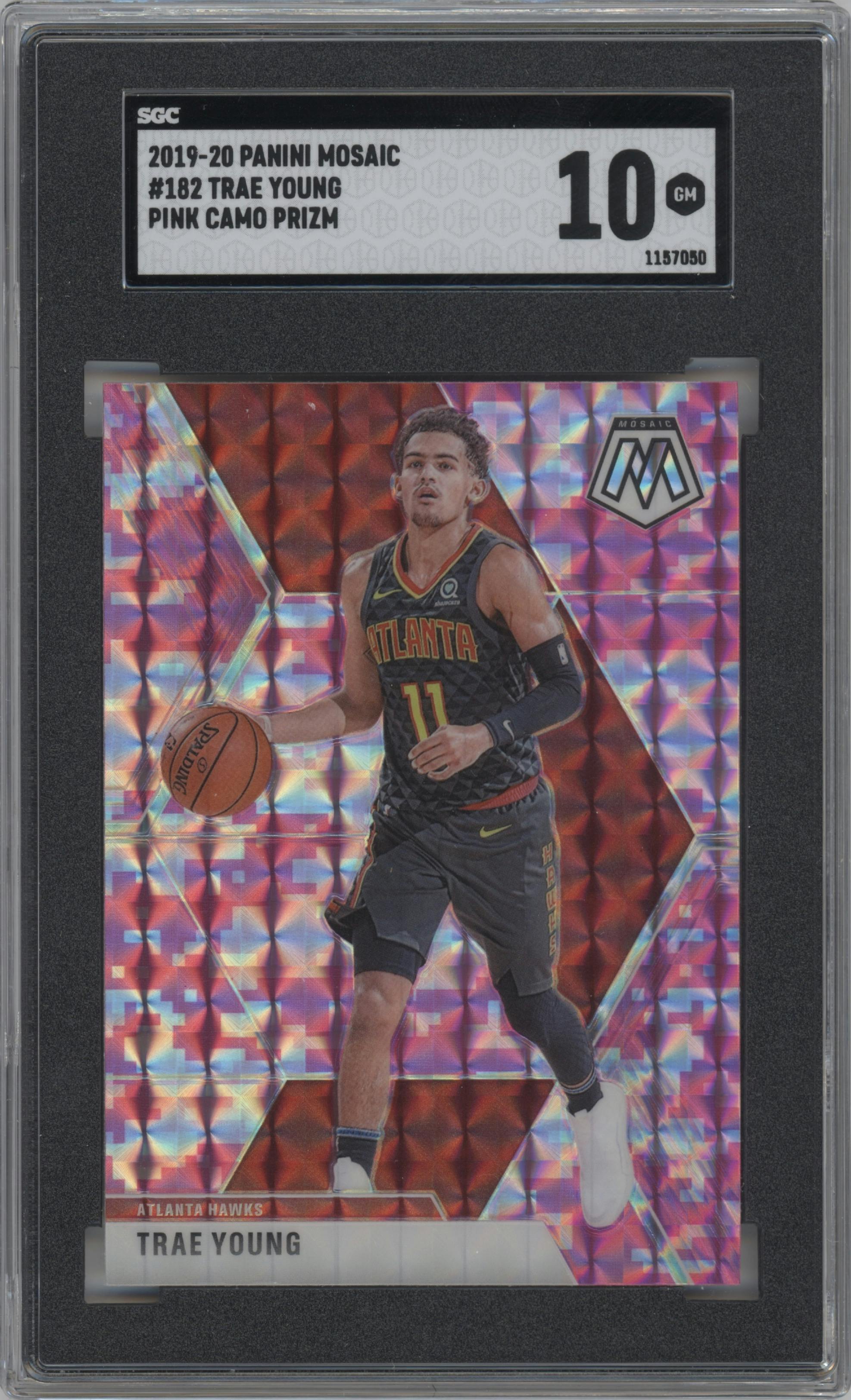 Trae Young from the 2019-20 Panini Mosaic  set featuring a Pink Camo parallel graded by SGC and given an overall grade of 10.
