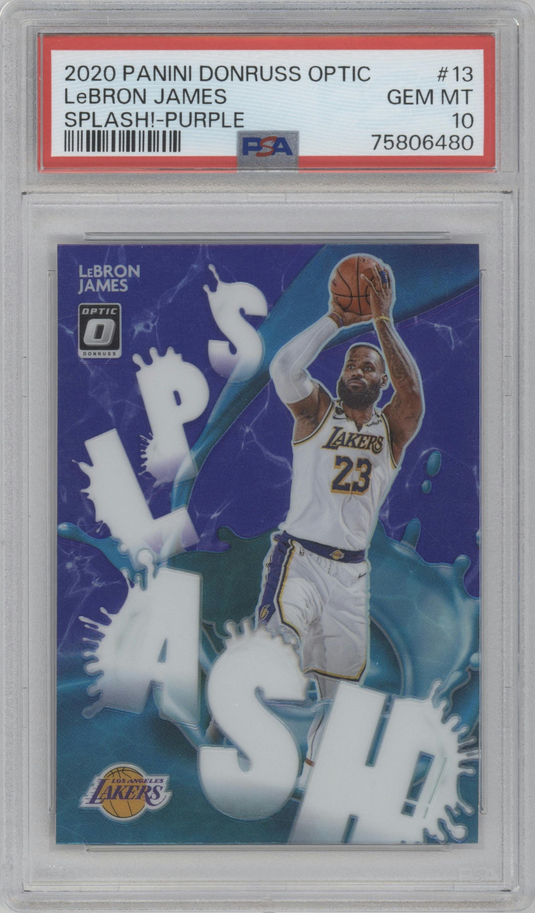 LeBron James from the 2020-21 Panini Donruss Optic set featuring a Purple parallel graded by PSA and given an overall grade of 10.
