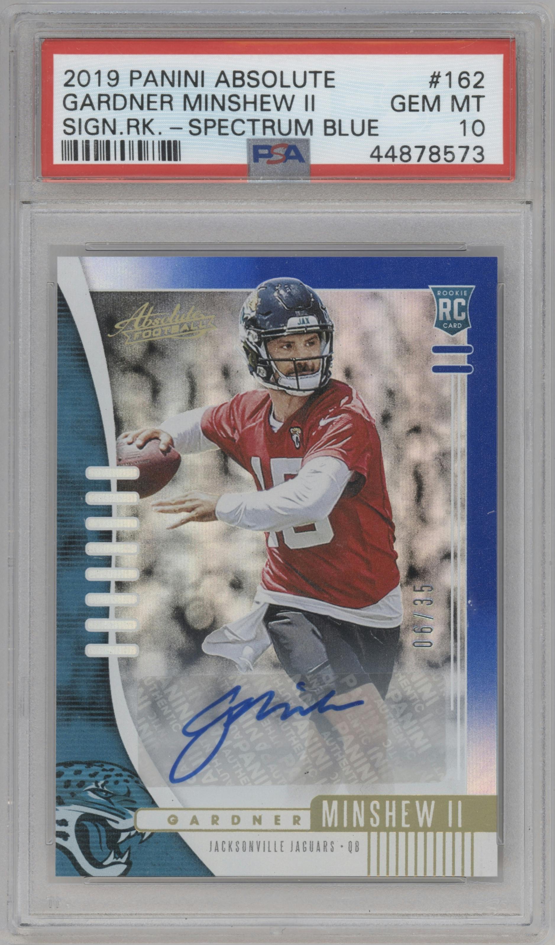 Gardner Minshew II from the 2019 Panini Absolute set featuring a Spectrum Blue parallel graded by PSA and given an overall grade of 10.