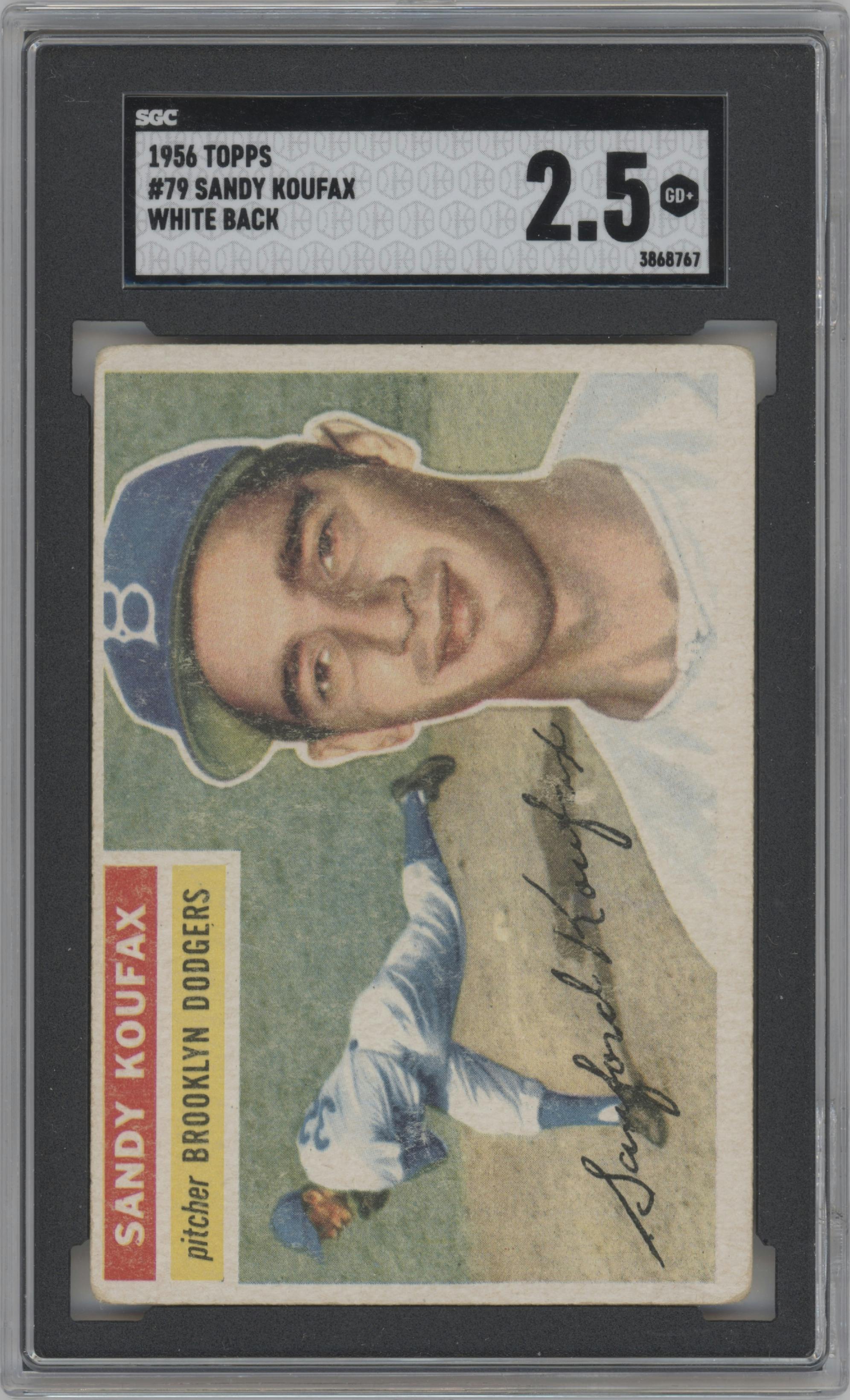 Sandy Koufax from the 1956 Topps set featuring a White Back parallel graded by SGC and given an overall grade of 2.5.