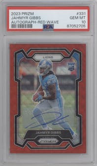 Jahmyr Gibbs from the 2023 Panini Prizm set featuring a Red Wave parallel graded by PSA and given an overall grade of 10.