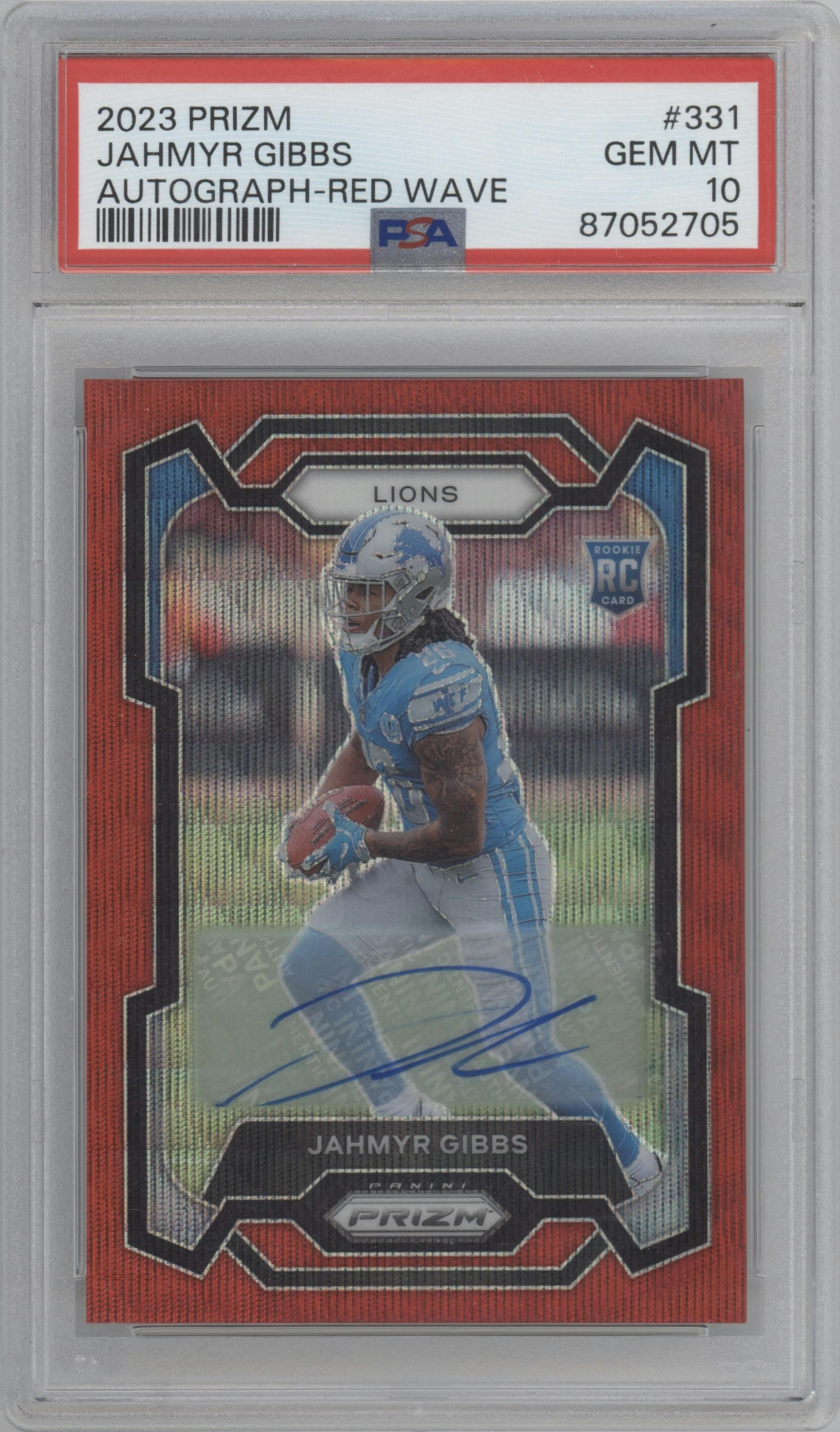 Jahmyr Gibbs from the 2023 Panini Prizm set featuring a Red Wave parallel graded by PSA and given an overall grade of 10.