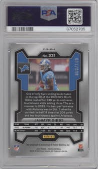 Jahmyr Gibbs from the 2023 Panini Prizm set featuring a Red Wave parallel graded by PSA and given an overall grade of 10.