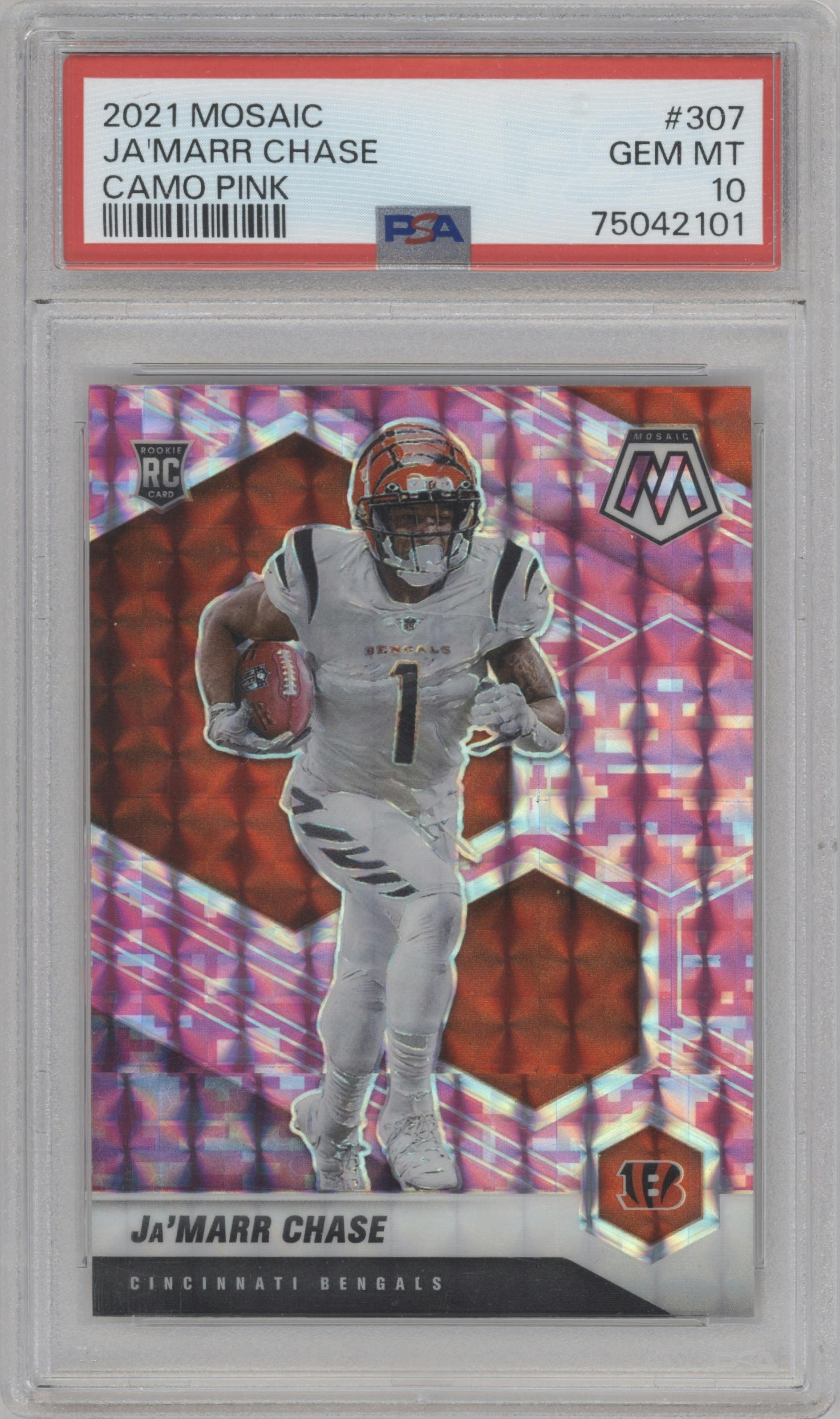 Ja'Marr Chase from the 2021 Panini Mosaic set featuring a Pink Camo parallel graded by PSA and given an overall grade of 10.