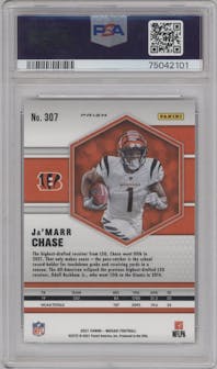 Ja'Marr Chase from the 2021 Panini Mosaic set featuring a Pink Camo parallel graded by PSA and given an overall grade of 10.