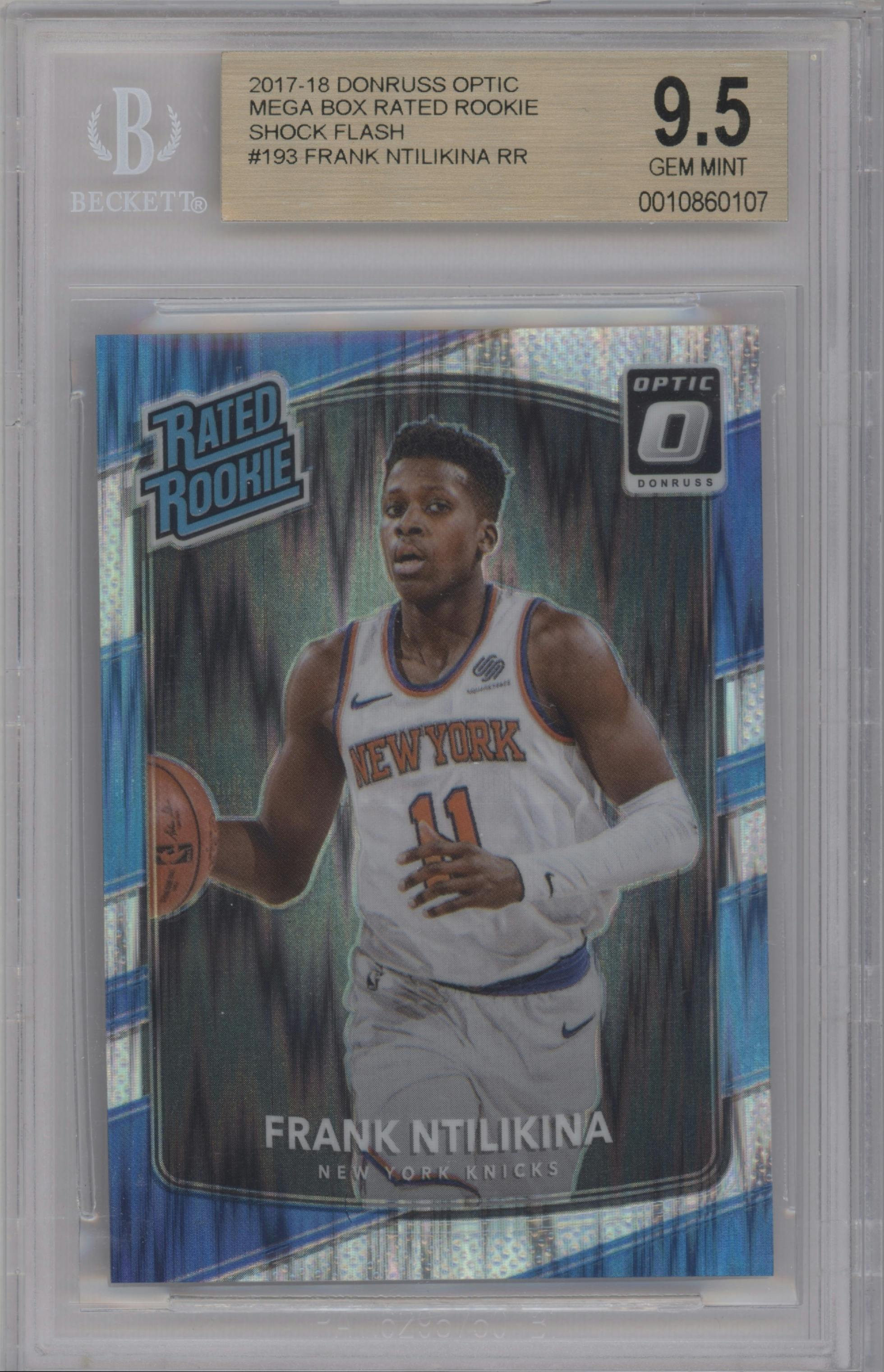 Frank Ntilikina from the 2017-18 Panini Donruss Optic set featuring a Shock parallel graded by Beckett and given an overall grade of 9.5.