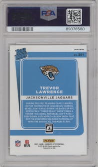 Trevor Lawrence from the 2021 Panini Donruss Optic set featuring a Holo parallel graded by PSA and given an overall grade of 10.