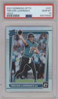 Trevor Lawrence from the 2021 Panini Donruss Optic set featuring a Holo parallel graded by PSA and given an overall grade of 10.
