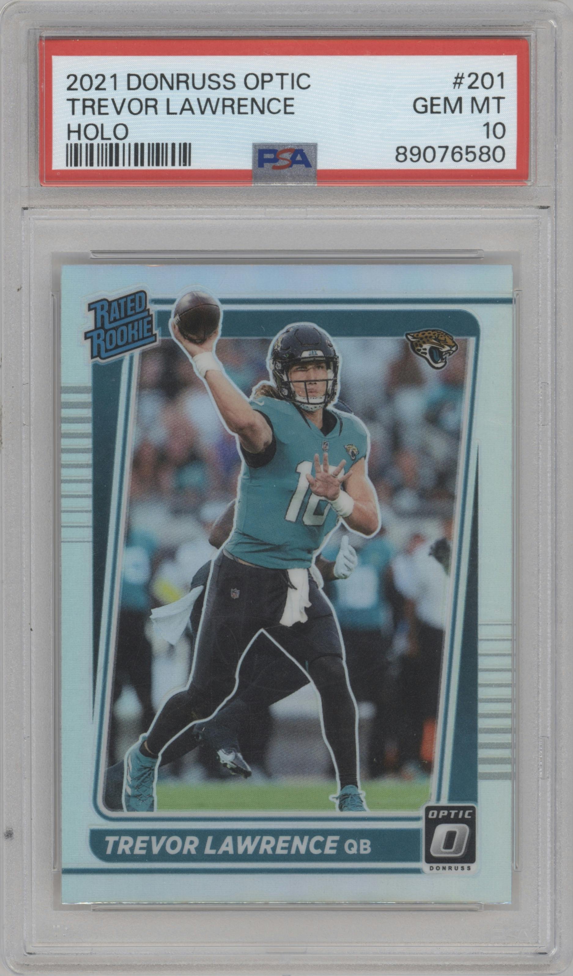 Trevor Lawrence from the 2021 Panini Donruss Optic set featuring a Holo parallel graded by PSA and given an overall grade of 10.