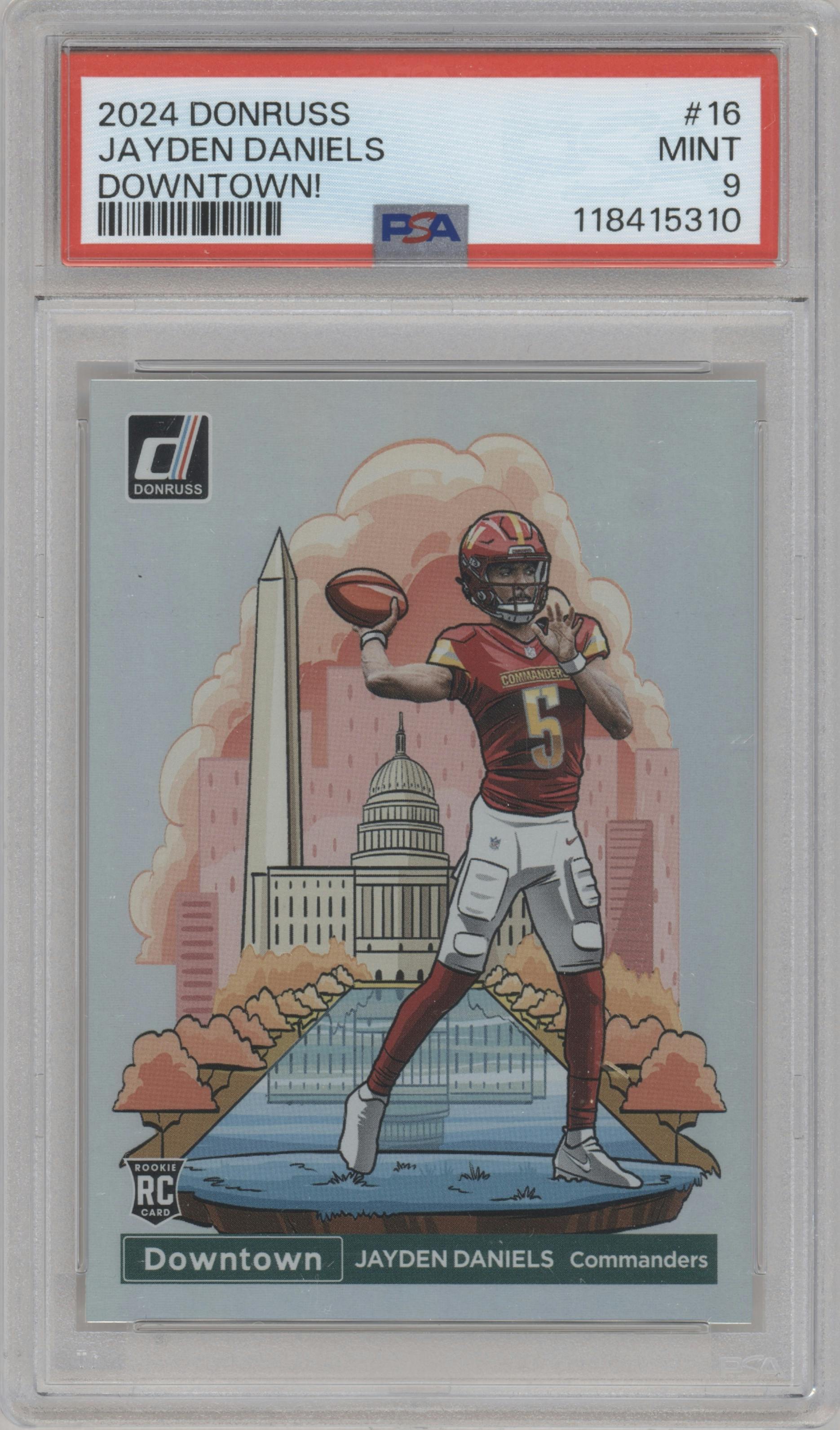 Jayden Daniels from the 2024 Donruss set graded by PSA and given an overall grade of 9.