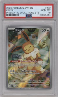 Eevee from the 2025 Pokemon SV set featuring a Prismatic Evolutions Elite Trainer Box parallel graded by PSA and given an overall grade of 10.
