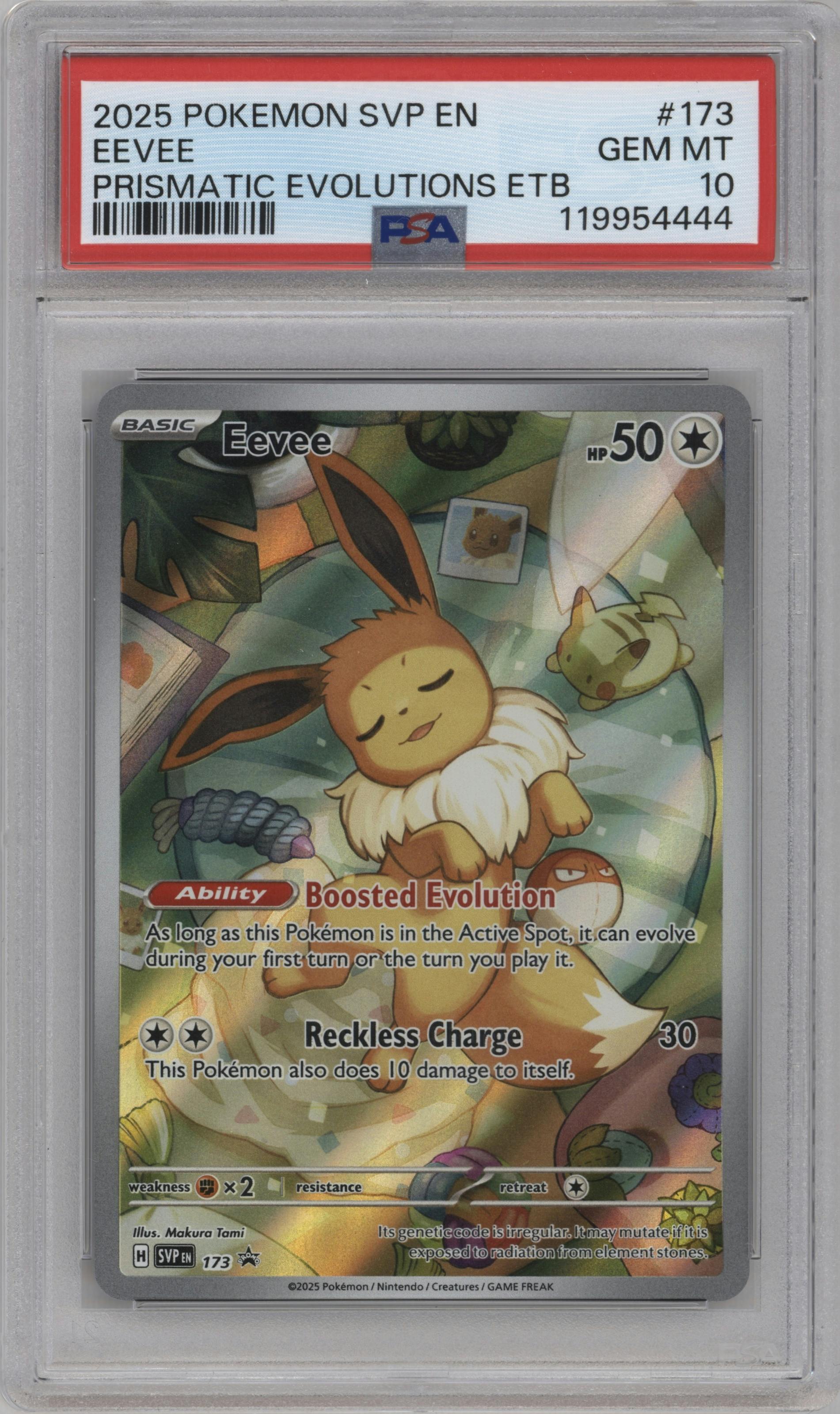 Eevee from the 2025 Pokemon SV set featuring a Prismatic Evolutions Elite Trainer Box parallel graded by PSA and given an overall grade of 10.