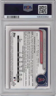 Christian Moore from the 2024 Bowman Draft set featuring a Etched In Glass parallel graded by PSA and given an overall grade of 10.