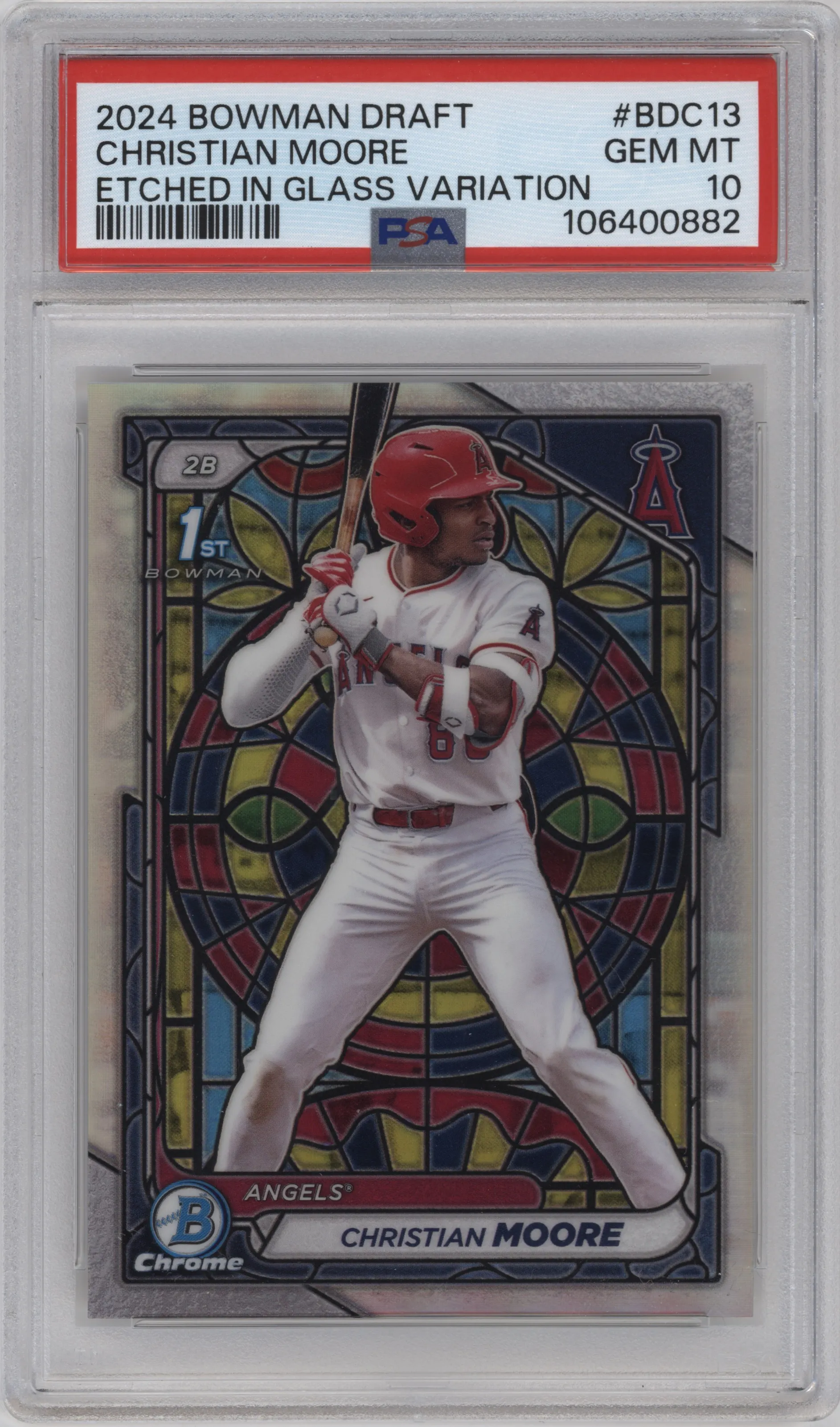 Christian Moore from the 2024 Bowman Draft set featuring a Etched In Glass parallel graded by PSA and given an overall grade of 10.