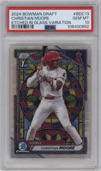 Christian Moore from the 2024 Bowman Draft set featuring a Etched In Glass parallel graded by PSA and given an overall grade of 10.