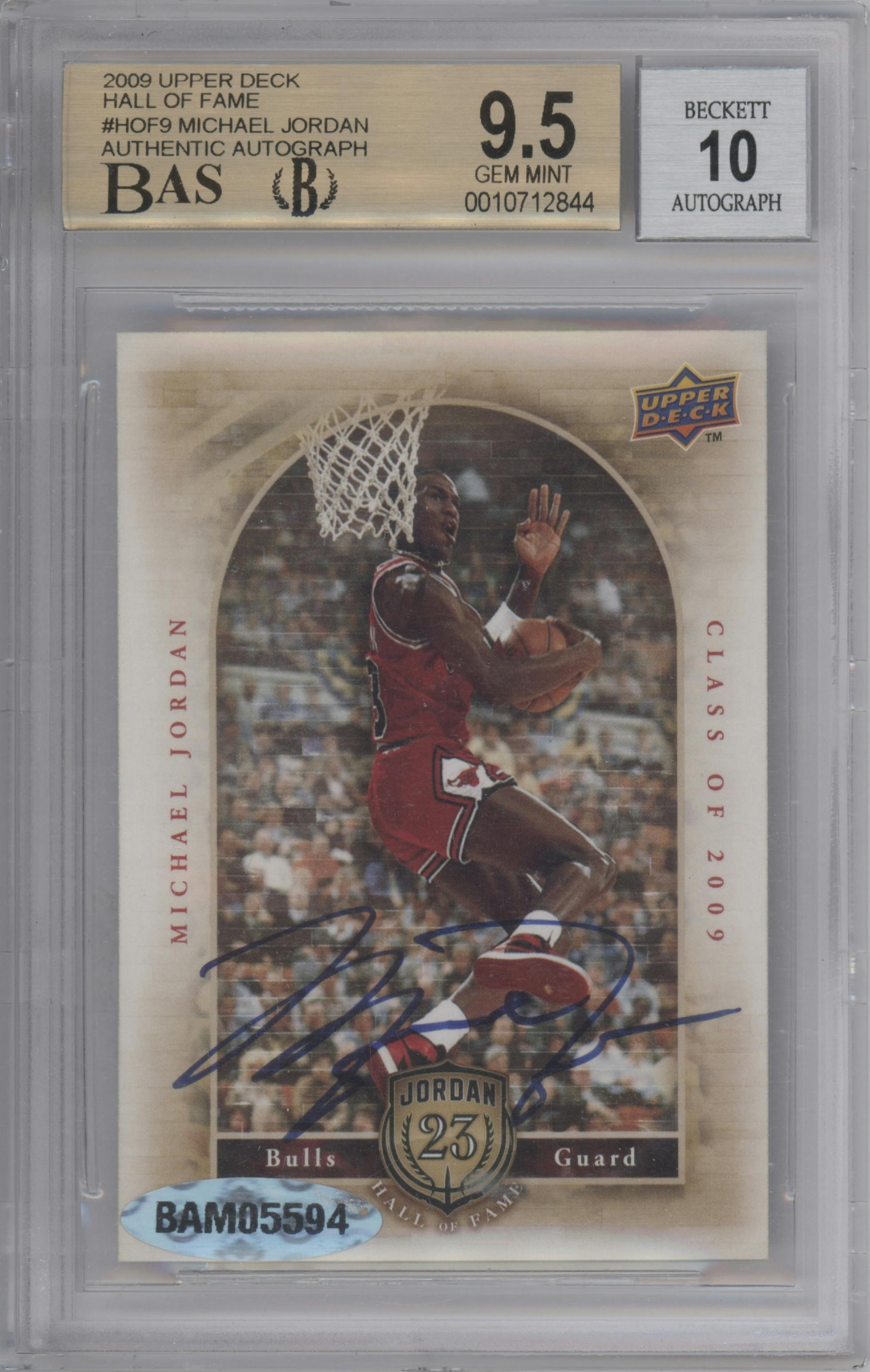 Michael Jordan from the 2009 Upper Deck Michael Jordan Hall Of Fame set graded by Beckett and given an overall grade of 9.5.