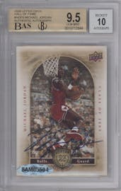 Michael Jordan from the 2009 Upper Deck Michael Jordan Hall Of Fame set graded by Beckett and given an overall grade of 9.5.