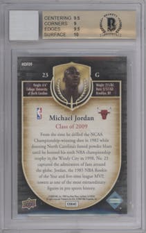 Michael Jordan from the 2009 Upper Deck Michael Jordan Hall Of Fame set graded by Beckett and given an overall grade of 9.5.