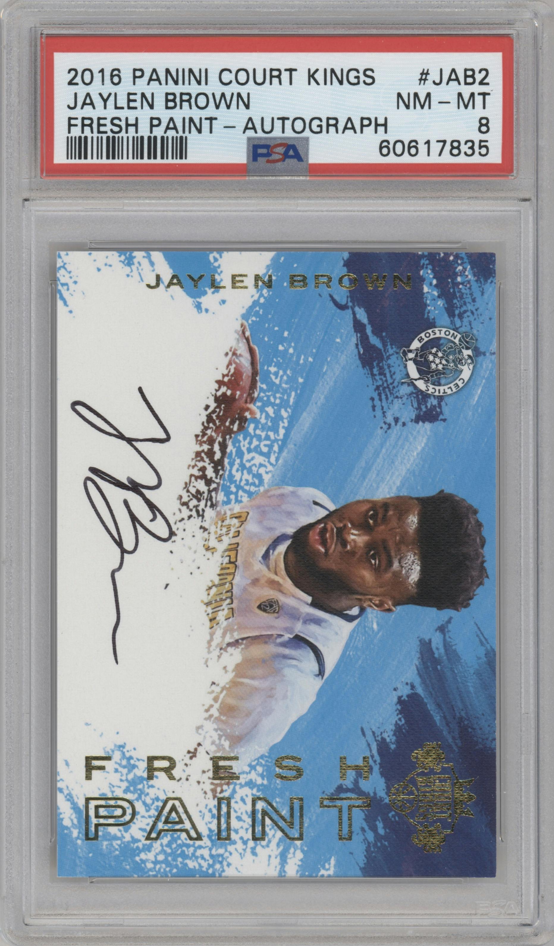 Jaylen Brown from the 2016-17 Panini Court Kings set graded by PSA and given an overall grade of 8.