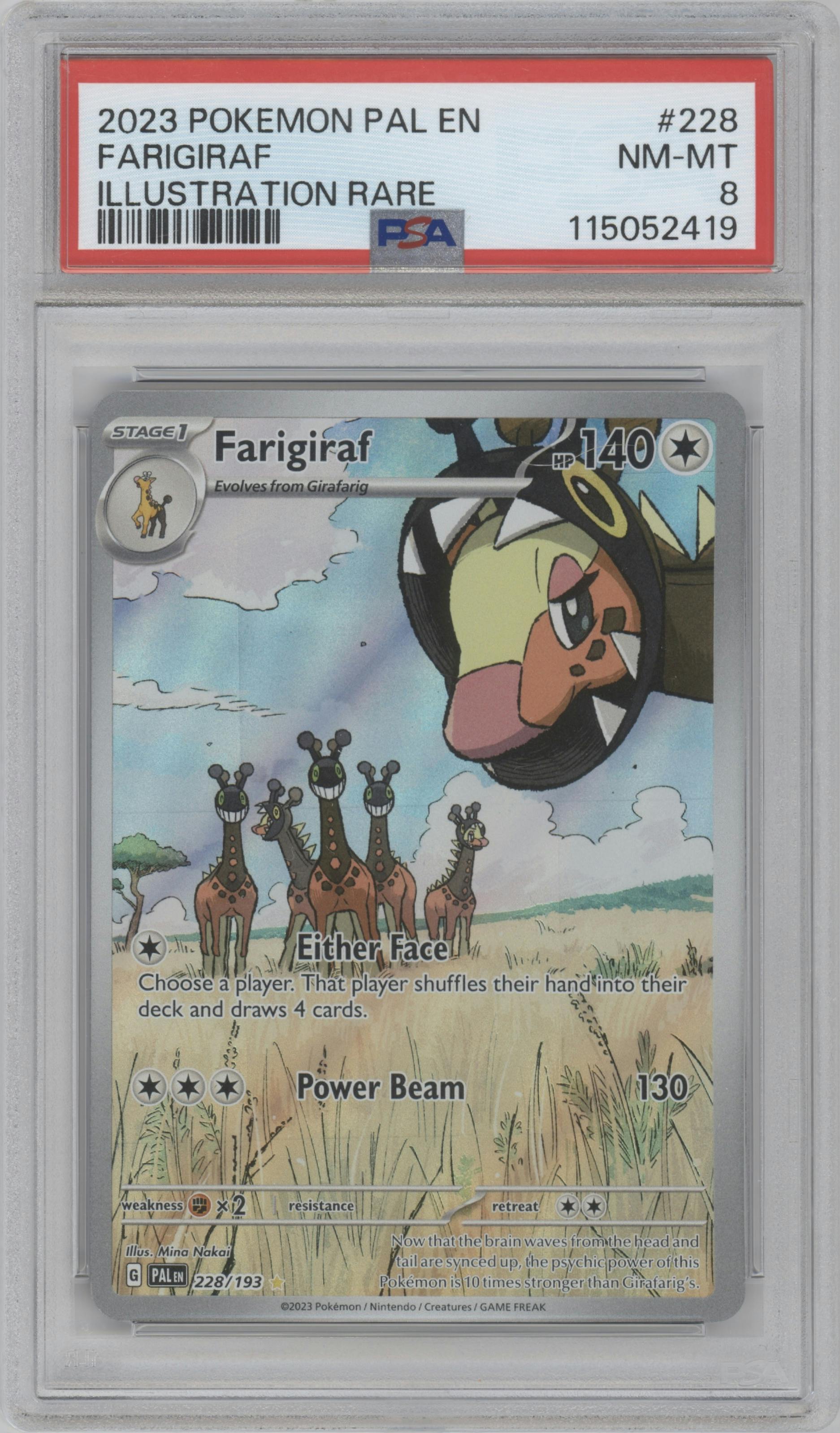Farigiraf from the 2023 Pokemon SV set graded by PSA and given an overall grade of 8.