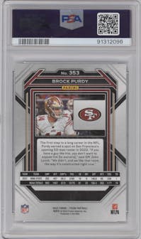 Brock Purdy from the 2022 Panini Prizm set graded by PSA and given an overall grade of 10.