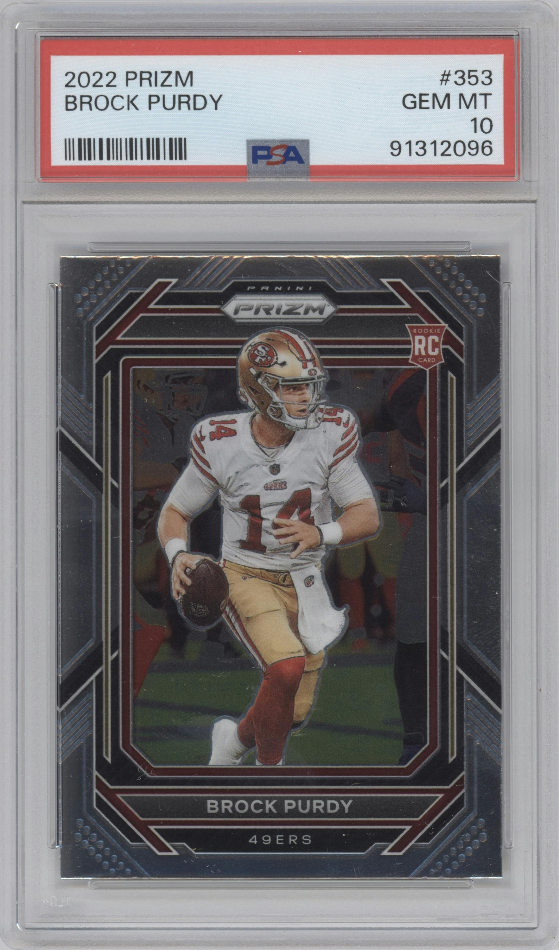 Brock Purdy from the 2022 Panini Prizm set graded by PSA and given an overall grade of 10.