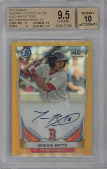 Mookie Betts from the 2014 Bowman set featuring a Gold Refractor parallel graded by Beckett and given an overall grade of 9.5.