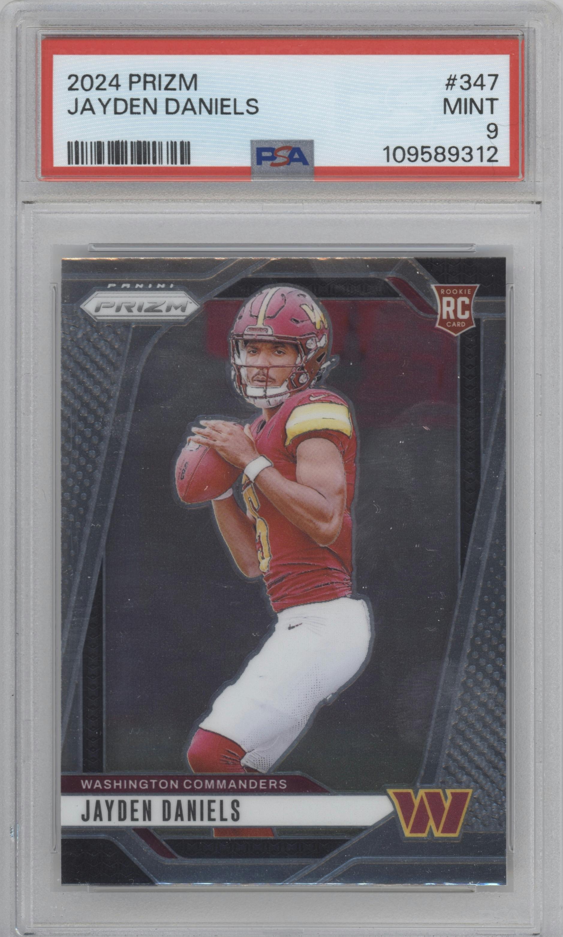 Jayden Daniels from the 2024 Panini Prizm set graded by PSA and given an overall grade of 9.