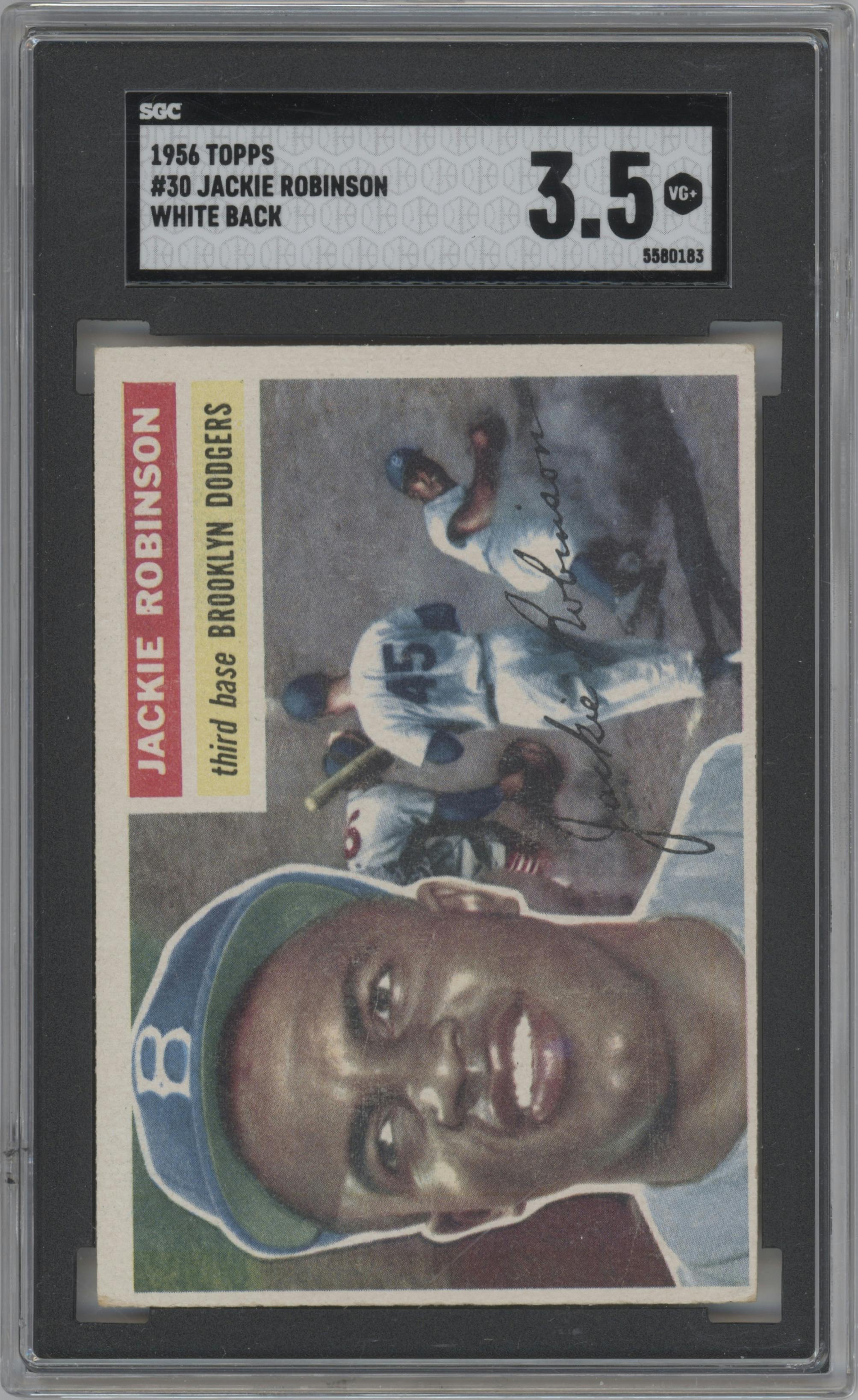 Jackie Robinson from the 1956 Topps set featuring a White Back parallel graded by SGC and given an overall grade of 3.5.