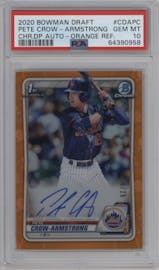 Pete Crow-Armstrong from the 2020 Bowman Draft set featuring a Orange Refractor  parallel graded by PSA and given an overall grade of 10.