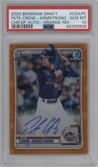 Pete Crow-Armstrong from the 2020 Bowman Draft set featuring a Orange Refractor  parallel graded by PSA and given an overall grade of 10.