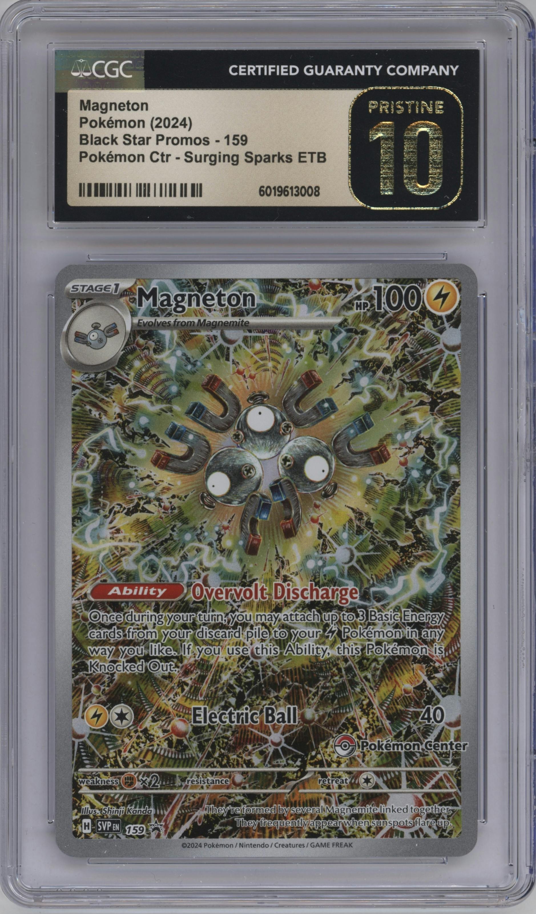 Magneton from the 2024 Pokemon SV set featuring a Surging Sparks Pokemon Center Elite Trainer boxes parallel graded by CSG and given an overall grade of 10.