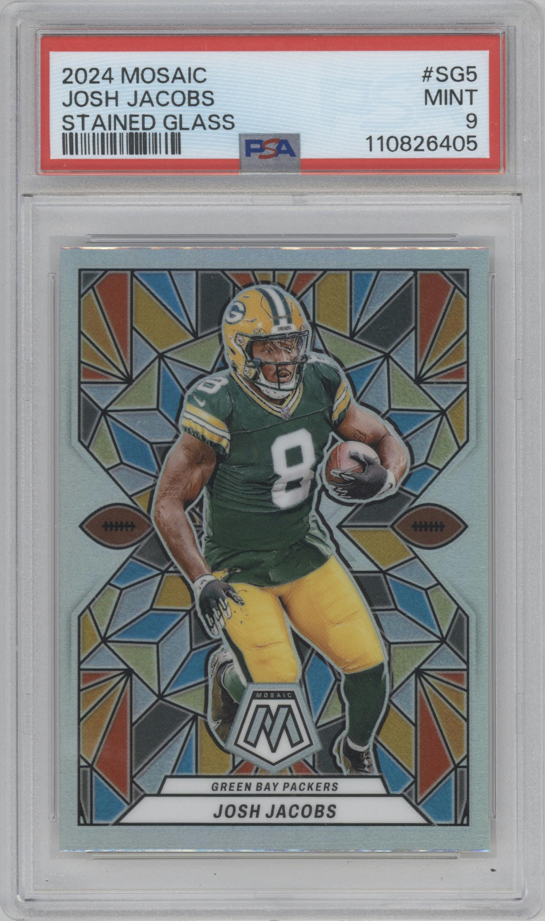 Josh Jacobs from the 2024 Panini Mosaic set graded by PSA and given an overall grade of 9.