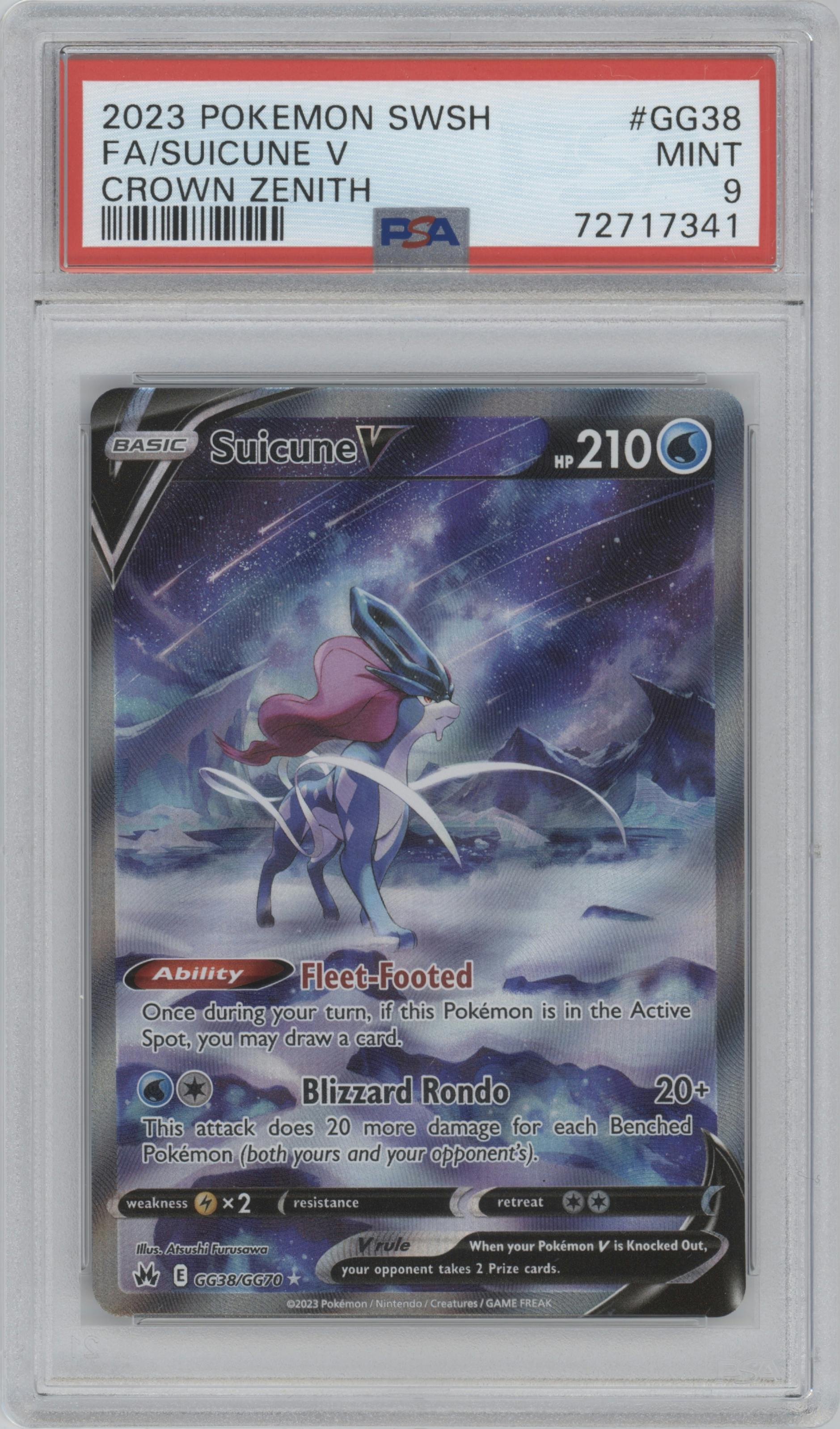 Suicune V from the 2023 Pokemon SWSH set graded by PSA and given an overall grade of 9.
