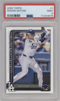 Shohei Ohtani from the 2025 Topps set graded by PSA and given an overall grade of 9.