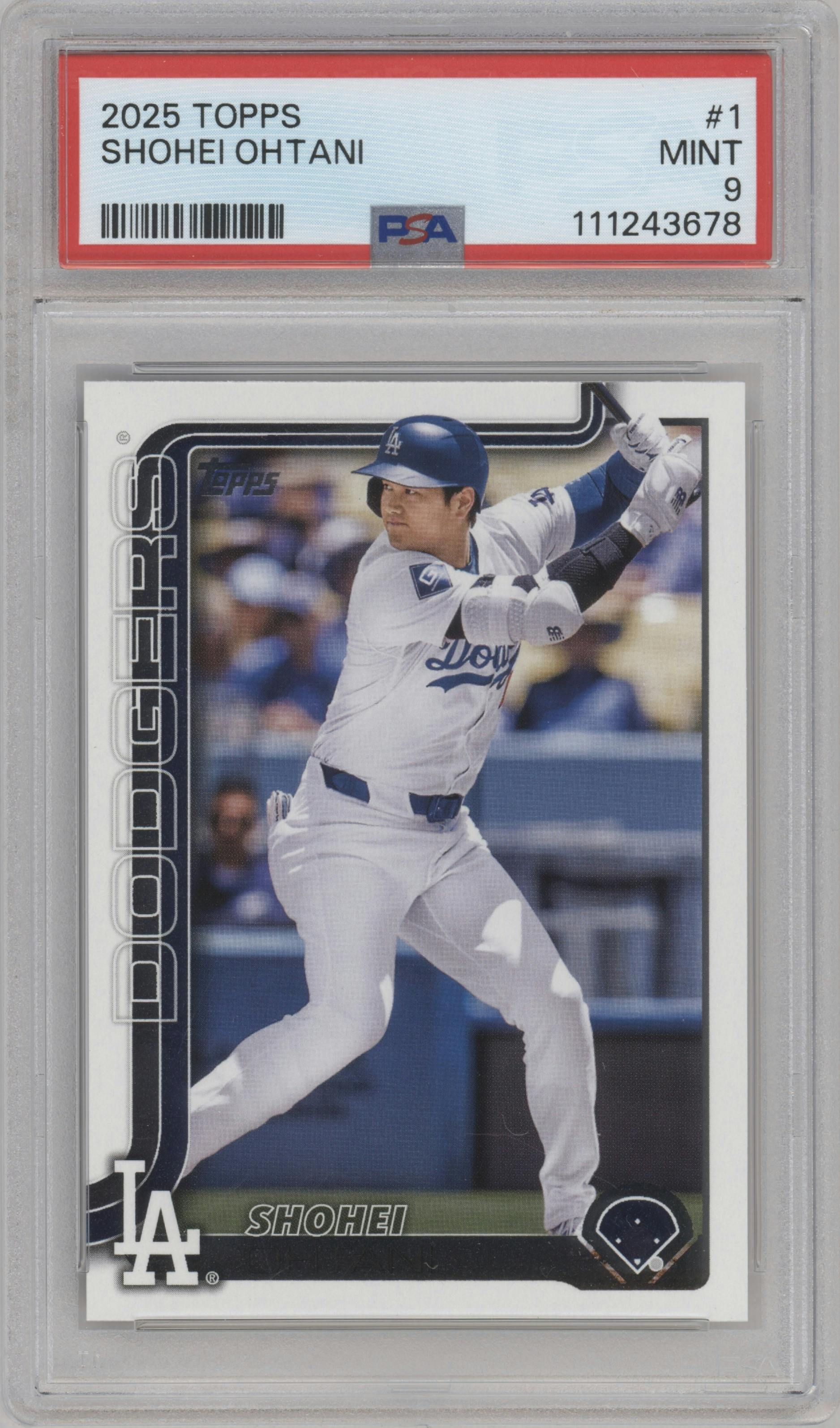 Shohei Ohtani from the 2025 Topps set graded by PSA and given an overall grade of 9.