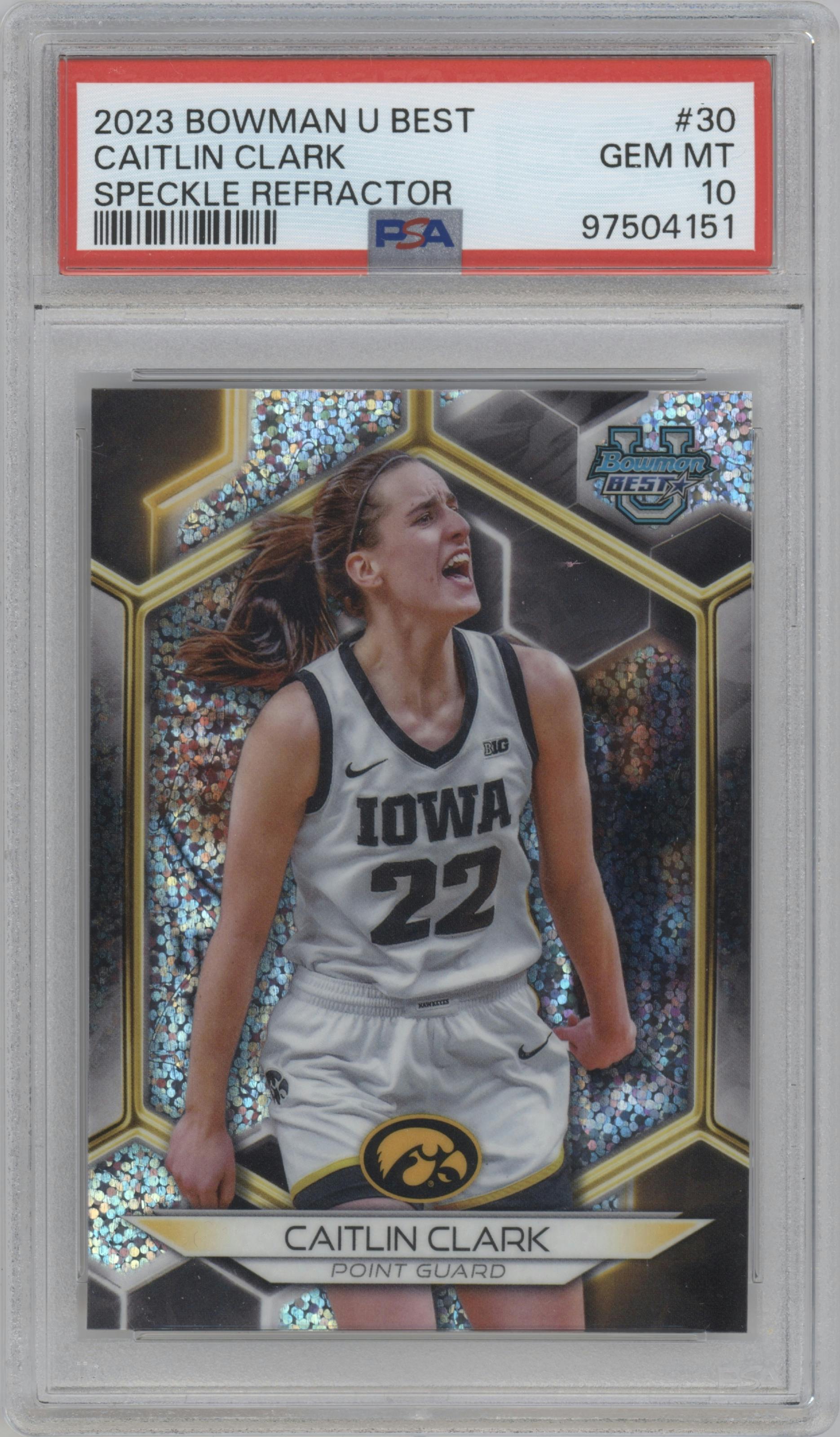 Caitlin Clark from the 2023-24 Bowman Best University set featuring a Speckle Refractor parallel graded by PSA and given an overall grade of 10.