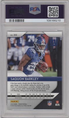 Saquon Barkley from the 2018 Panini Prizm set graded by PSA and given an overall grade of 10.
