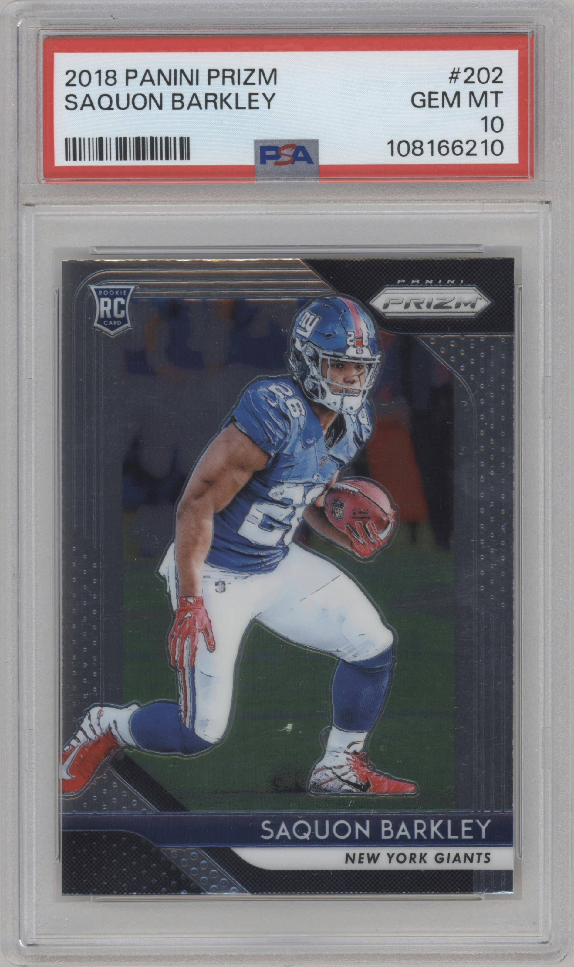Saquon Barkley from the 2018 Panini Prizm set graded by PSA and given an overall grade of 10.