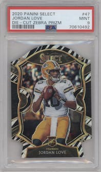 Jordan Love from the 2020 Panini Select set featuring a Die-Cut Zebra parallel graded by PSA and given an overall grade of 9.