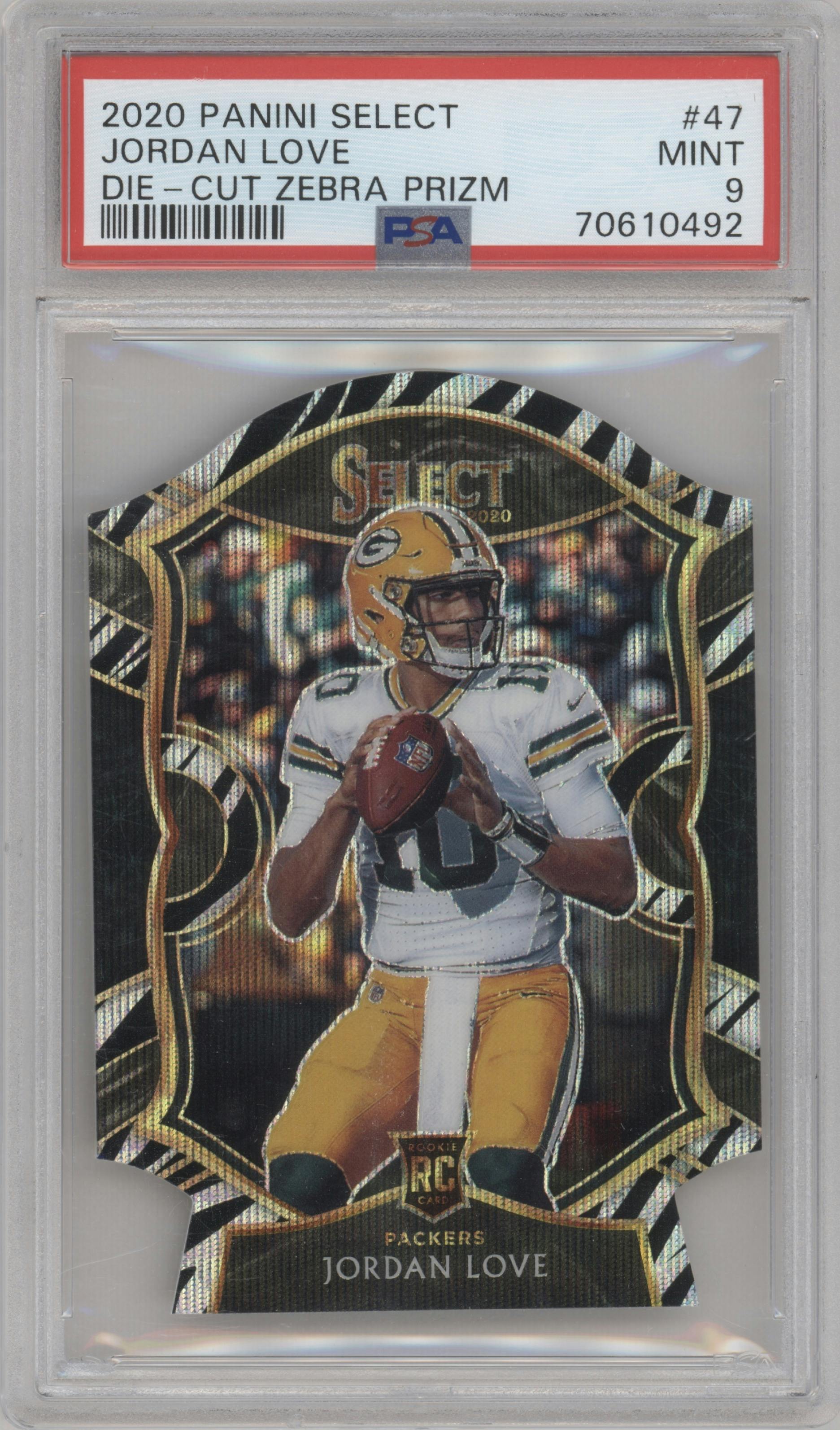 Jordan Love from the 2020 Panini Select set featuring a Die-Cut Zebra parallel graded by PSA and given an overall grade of 9.