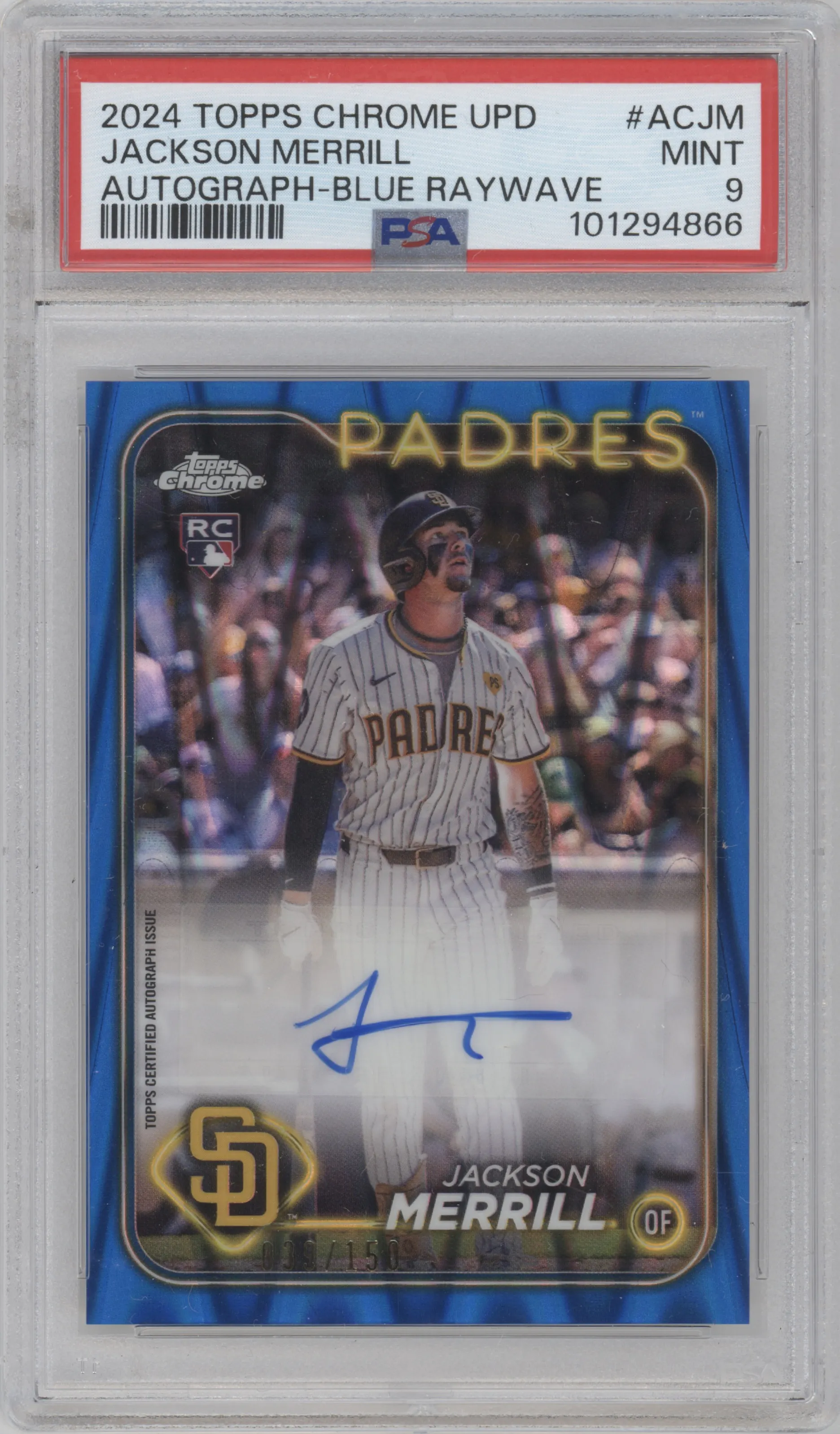 2024 Topps Chrome Update Auto Jackson Merrill Blue RayWave Refractor #AC-JM PSA 9