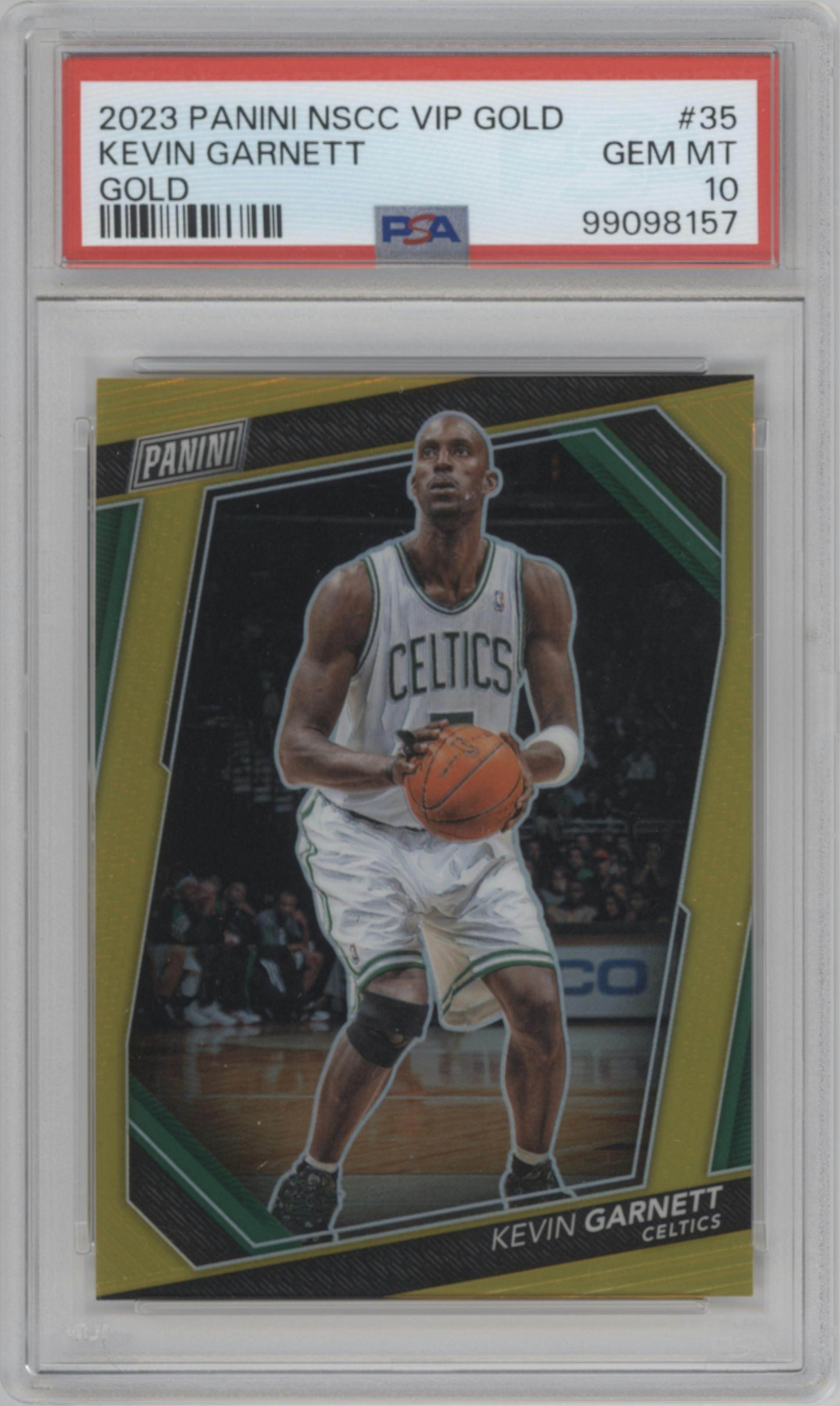 Kevin Garnett from the 2023 Panini The National VIP set featuring a Gold parallel graded by PSA and given an overall grade of 10.