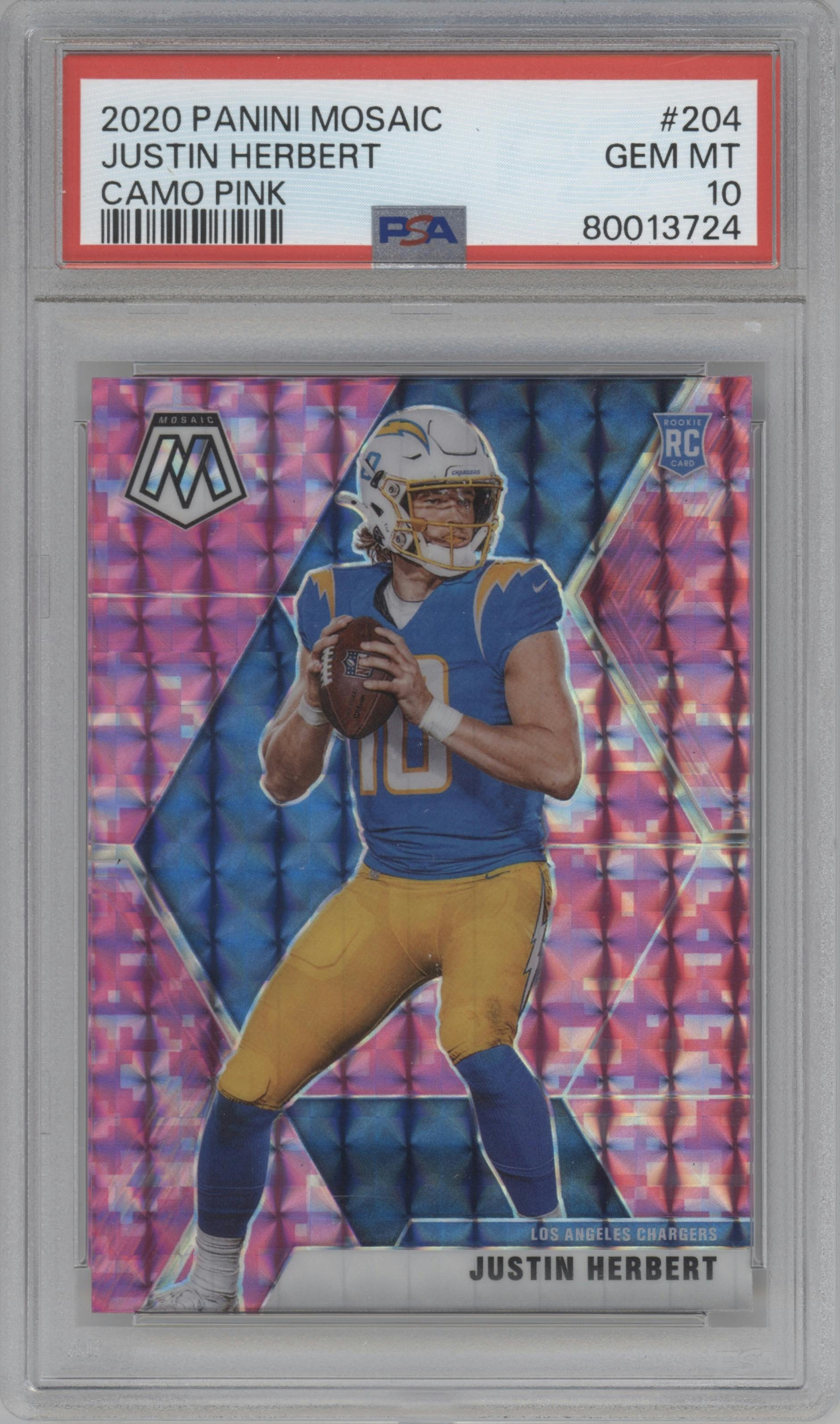 Justin Herbert from the 2020 Panini Mosaic set featuring a Pink Camo parallel graded by PSA and given an overall grade of 10.
