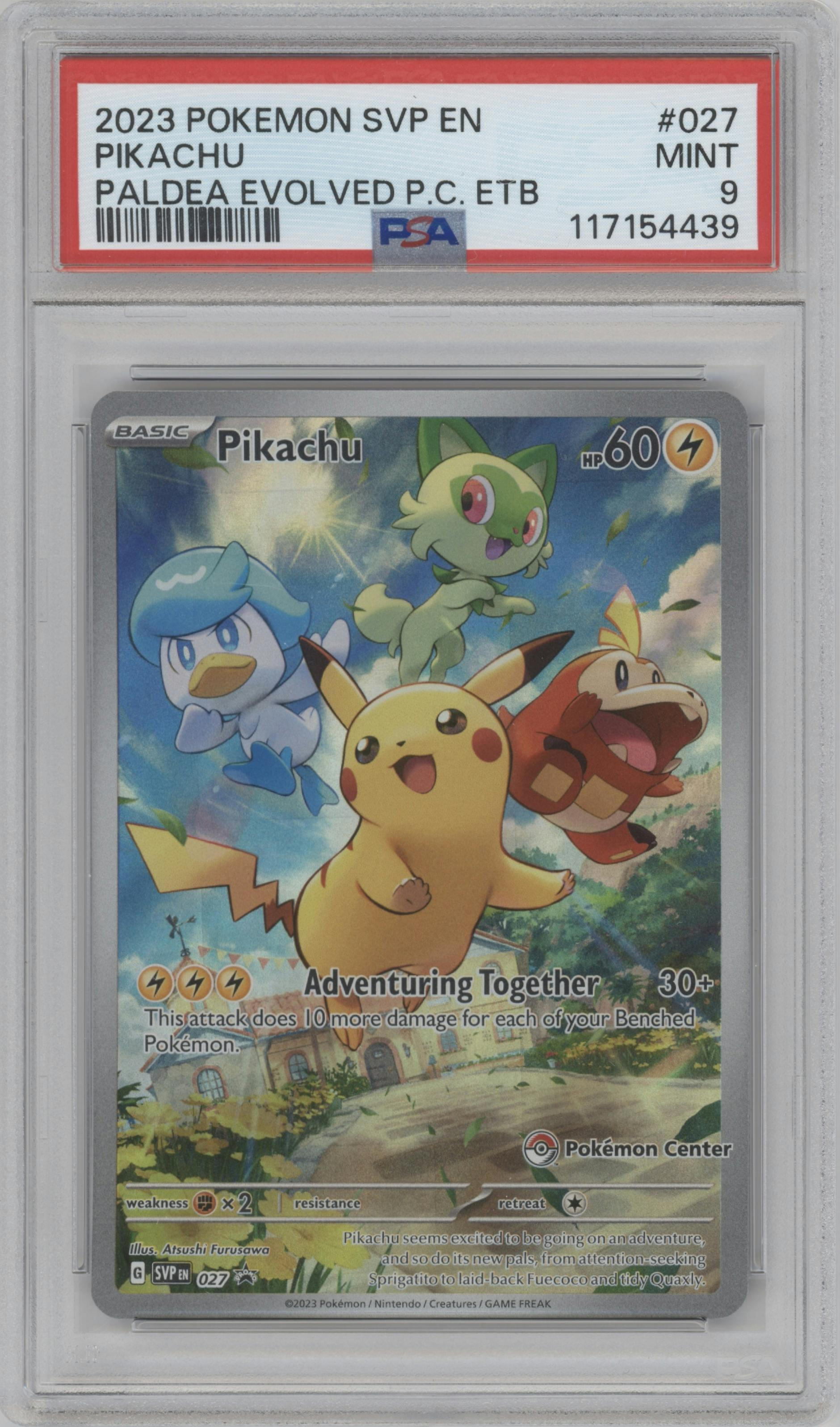 Pikachu from the 2023 Pokemon SV set featuring a Scarlet & Violet - Paldea Evolved Pokemon Center Elite Trainer Box parallel graded by PSA and given an overall grade of 9.
