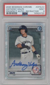 Anthony Volpe from the 2020 Bowman set featuring a Refractor parallel graded by PSA and given an overall grade of 9.