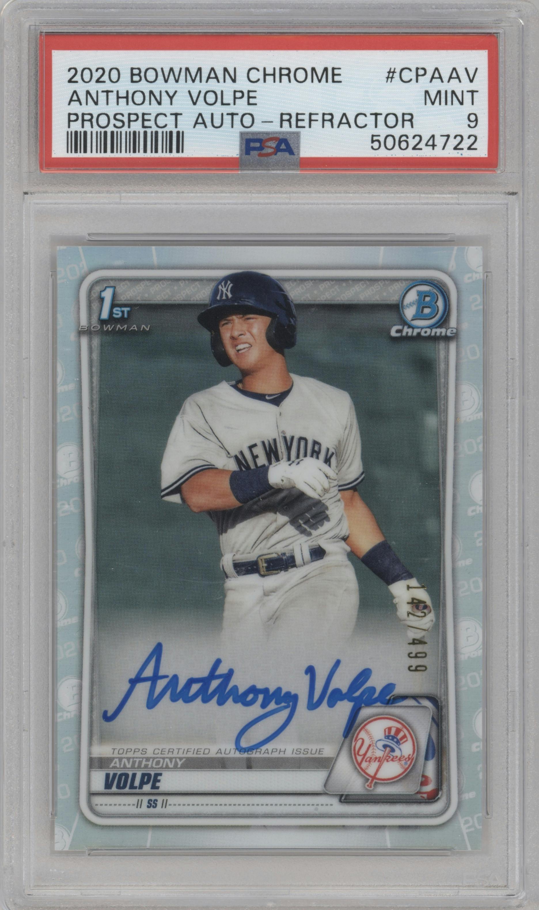 Anthony Volpe from the 2020 Bowman set featuring a Refractor parallel graded by PSA and given an overall grade of 9.