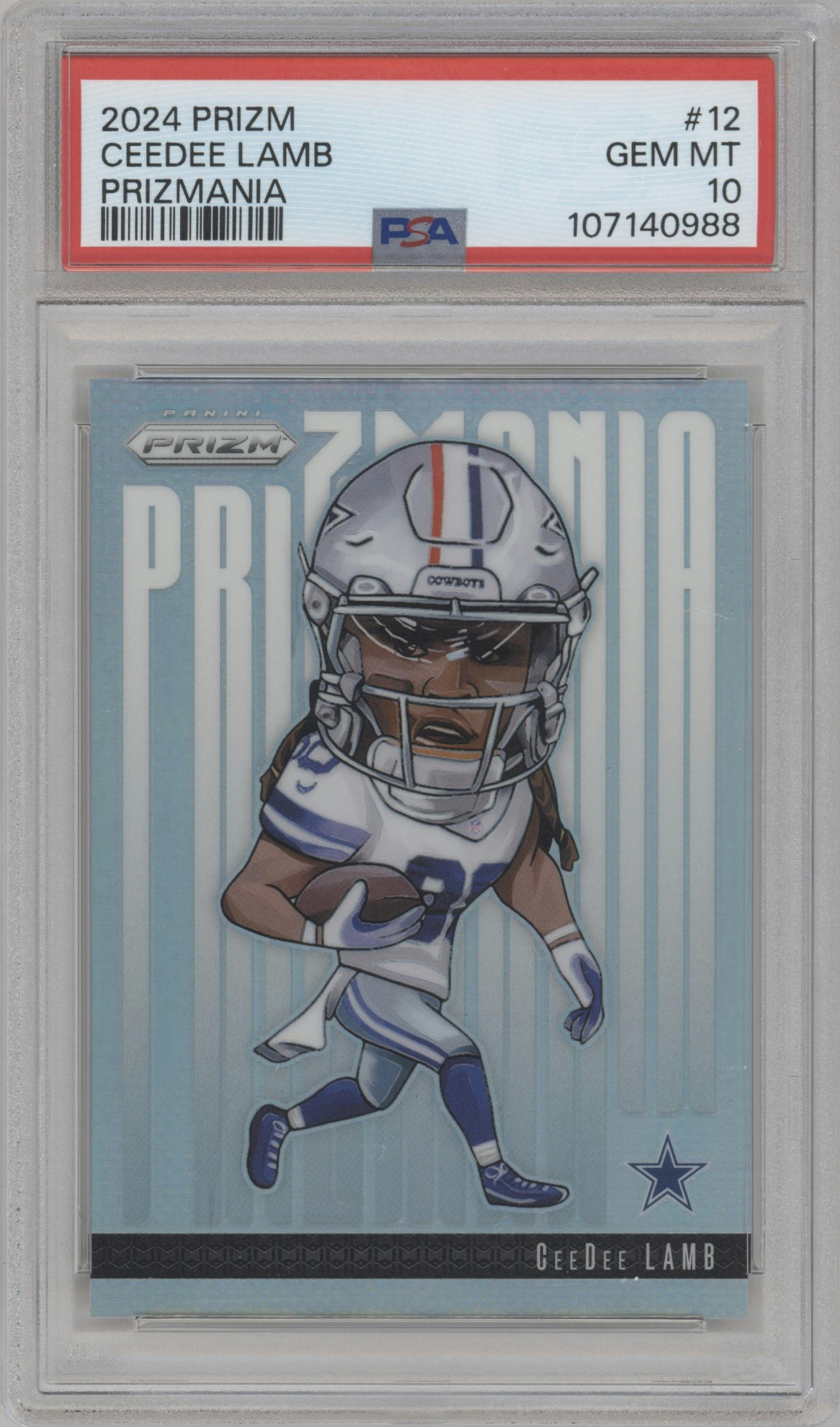 CeeDee Lamb from the 2024 Panini Prizm set graded by PSA and given an overall grade of 10.