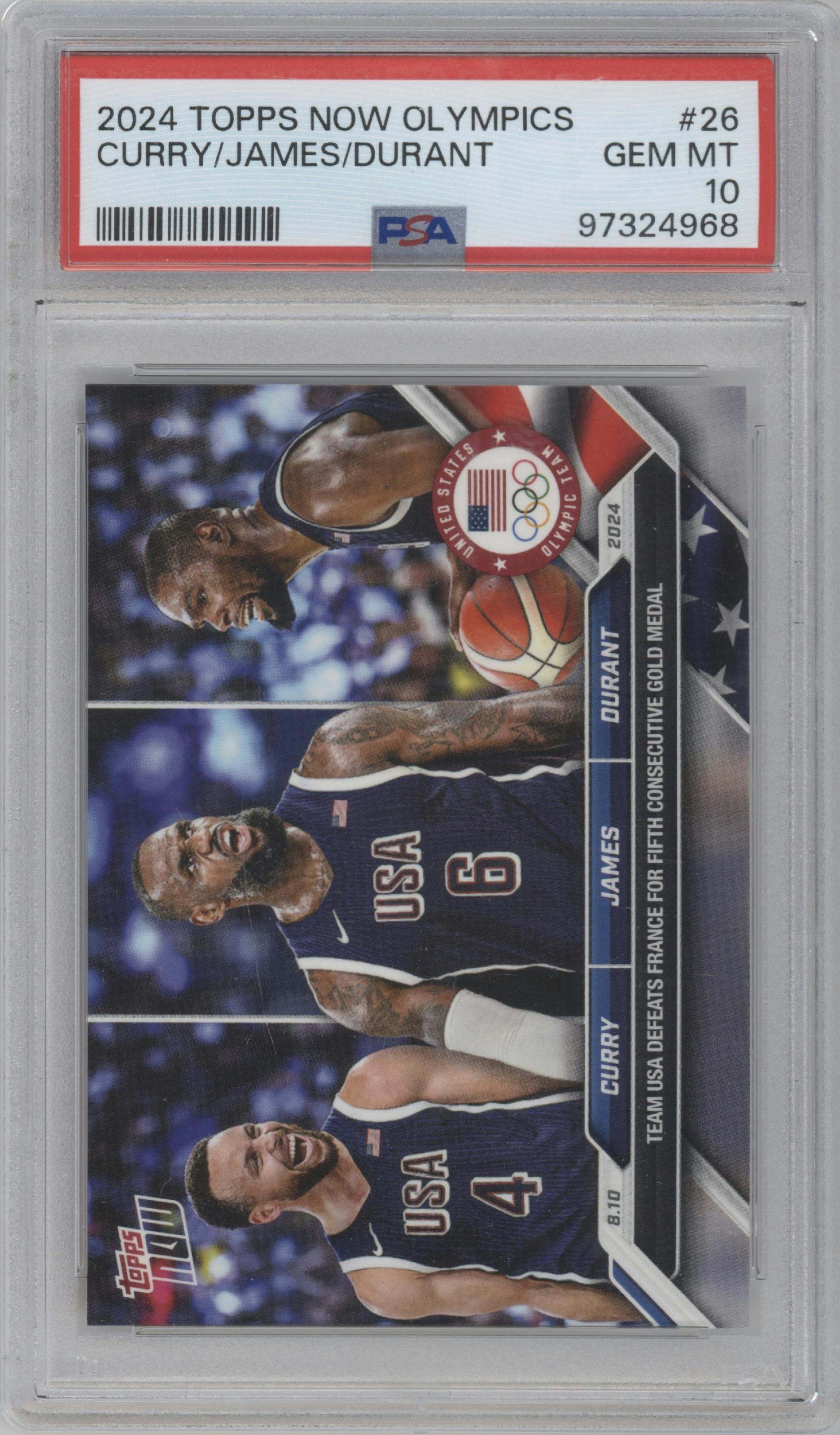 Stephen Curry/LeBron James/Kevin Durant from the 2024 Topps Now Olympics set graded by PSA and given an overall grade of 10.