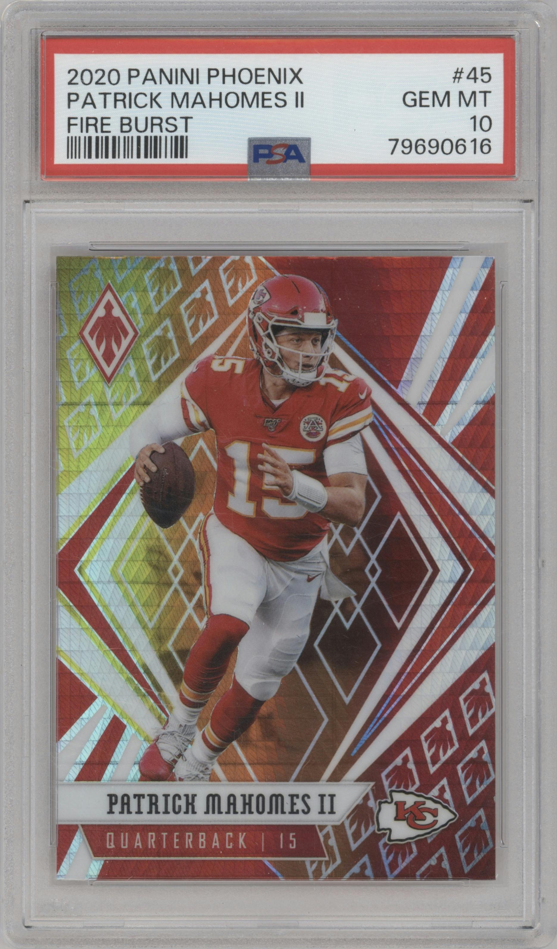 Patrick Mahomes II from the 2020 Panini Phoenix set featuring a Fire Burst parallel graded by PSA and given an overall grade of 10.